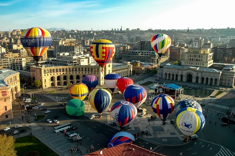 Yerevan city panorama with balloons