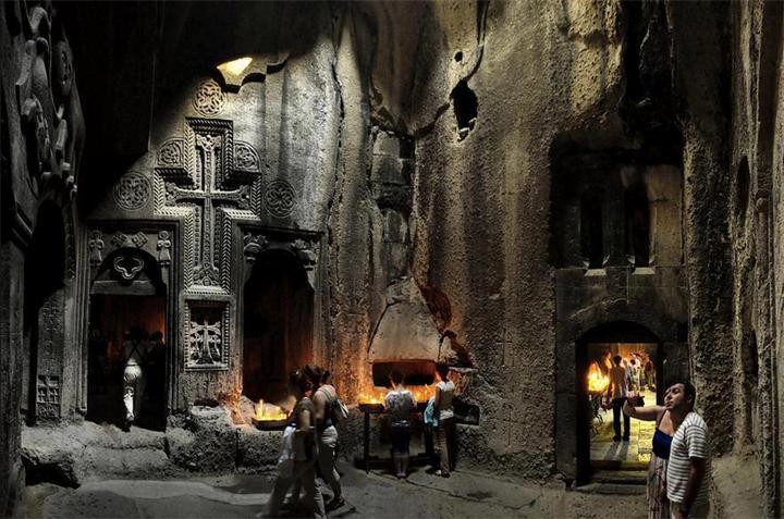 Interior of Geghard rock-cut monastery